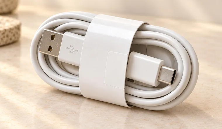 Organizador de cabos Cinta em papel, envolvendo um cabo USB
