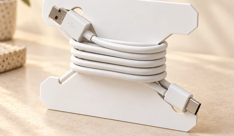 Organizador de cabos Enrola em papel, com cabo USB enrolado